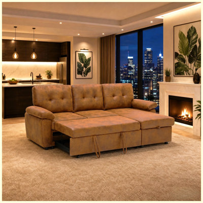 88.5" Convertible L-Shaped Pull-Out Sectional Sofa Bed with Storage Chaise & Padded Armrests