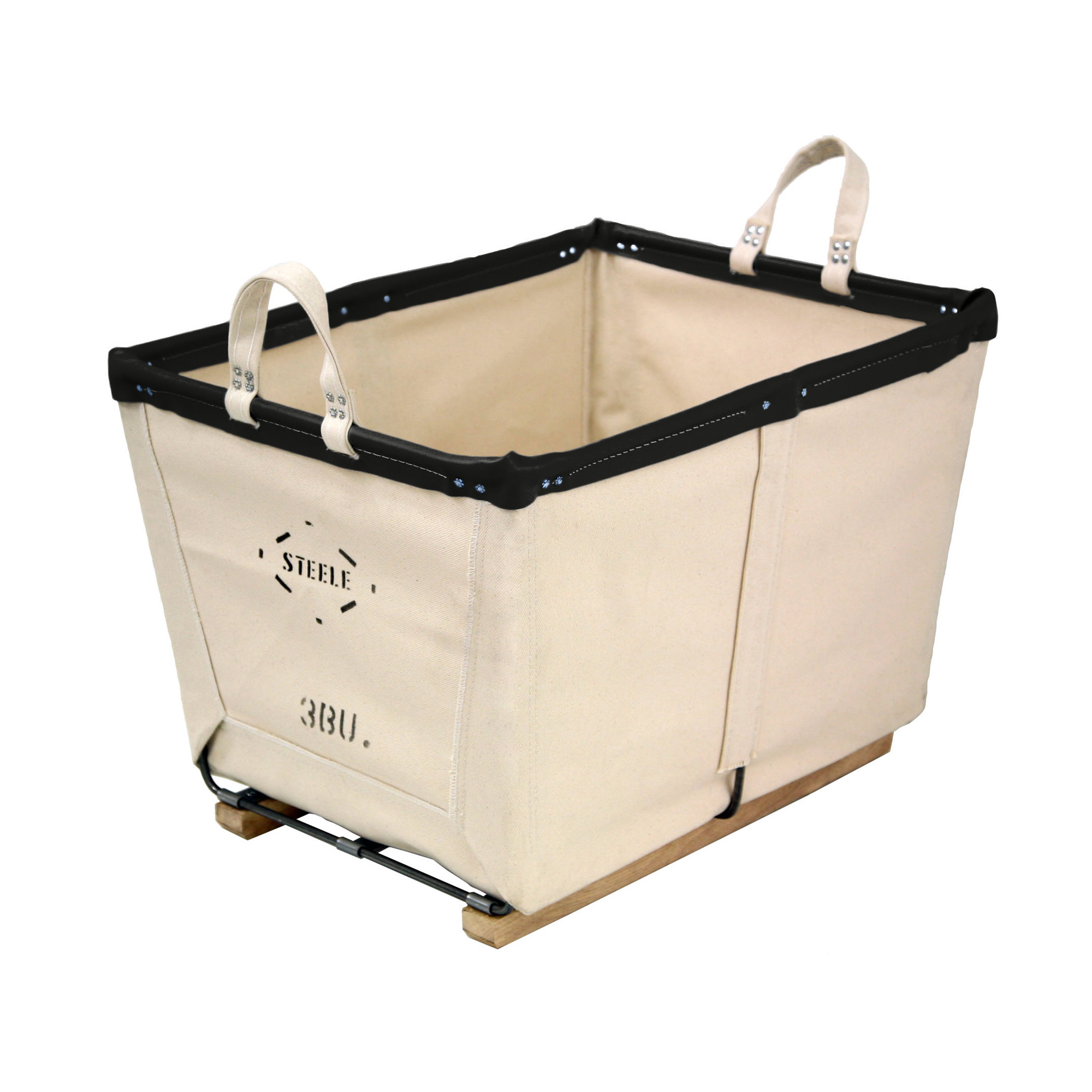 Canvas Carry Basket - 4 Bu, Medium (17.5" H x 19" W x 25" D), Natural Canvas with Black Leather Rim