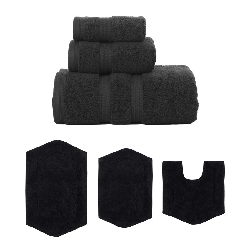 Bryd Collection 100% Soft Cotton 3 Pc Towel Set & 3 Pc Bath Rug Set, (Set of 6), Black