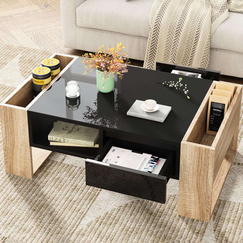High Glossy Coffee Table with 2 Drawers, Black/Natural