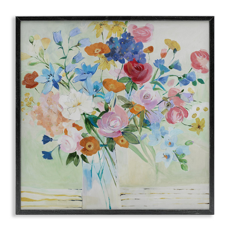 Fleurs abstraites aux couleurs mélangées, estampe numérique de la collection Lorenzo, Giclée encadrée noir minuit