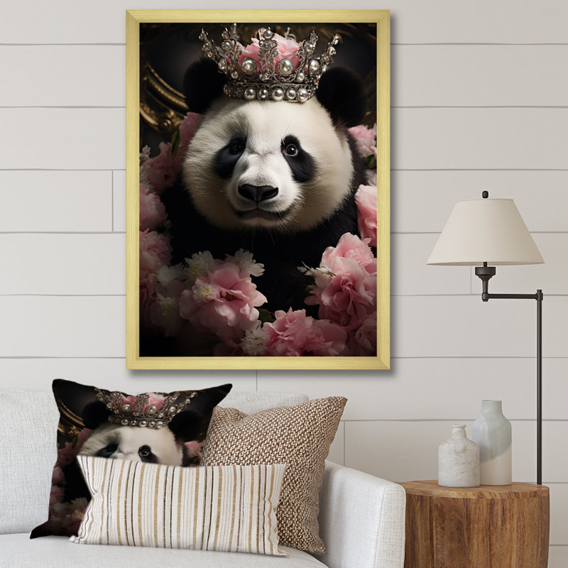 Regal Panda couronné Portrait - Panda Animal, art mural, H 32 po x l 16 po x P 1 po, Cadre doré simple