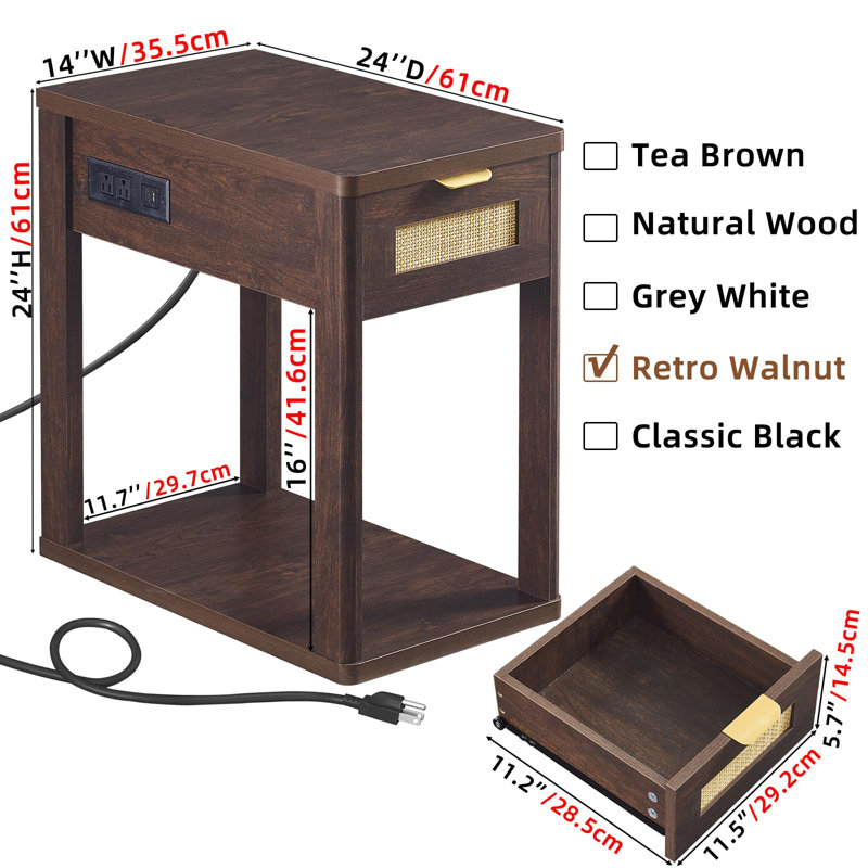 Narrow Side Table with Charging Station, 24'' Rattan Night Stand with Drawer Storage, Bedside End Table with Metel Handle for Small Spaces, Wood Boho Nightstand for Living Room Bedroom (Walnut)