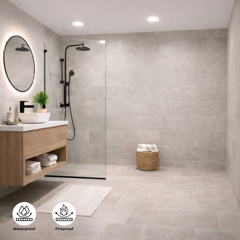  PVC Shower Panels Pack of 3 Light Grey Brick Waterproof Bathroom Wall Cladding 2400x1000x10mm Matt Finish