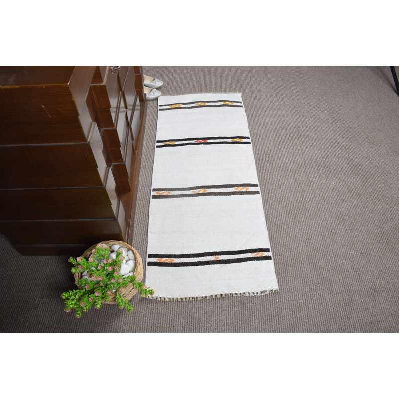 Tapis kilim à rayures rétro beige et turc tissé à la main en Turquie