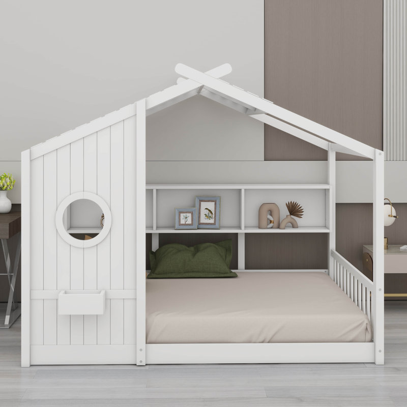 Lit sur pied Montessori, lit sur pied avec tablette de rangement pour tout-petit, lit de jeu avec toit, Blanc, Lit double