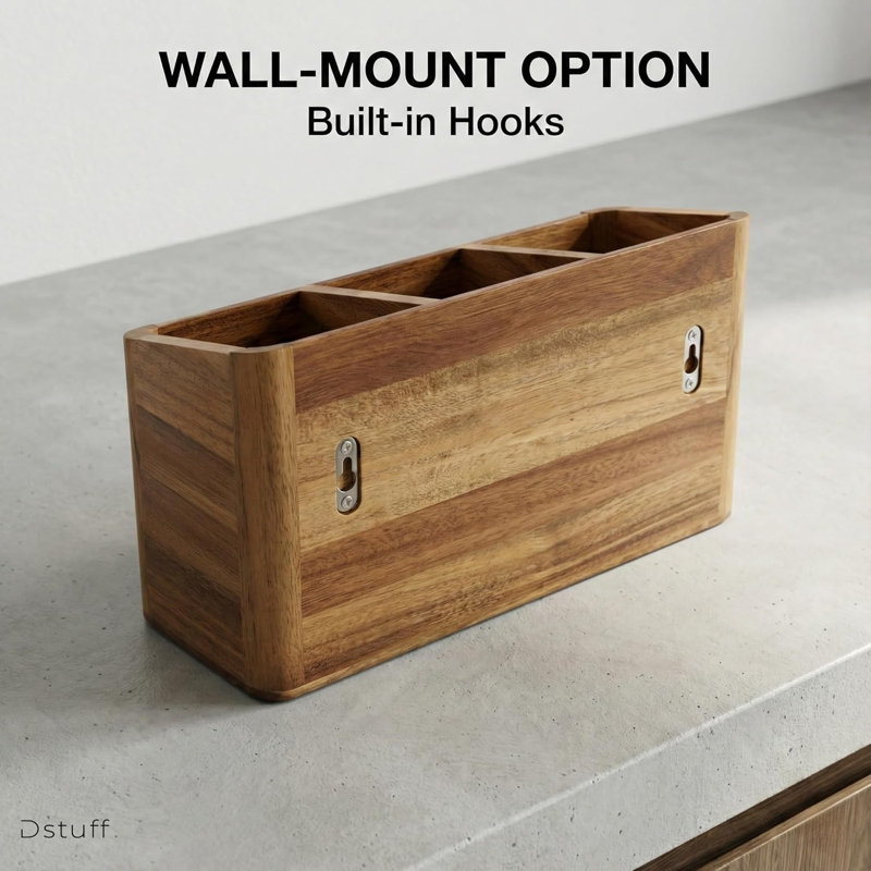 Grand porte-ustensiles de cuisine pour comptoir ou comptoir, grand porte-ustensiles en bois pour la cuisine de rangement et l'argenterie avec 3 compartiments, contenant en bois d'acacia rustique très grand