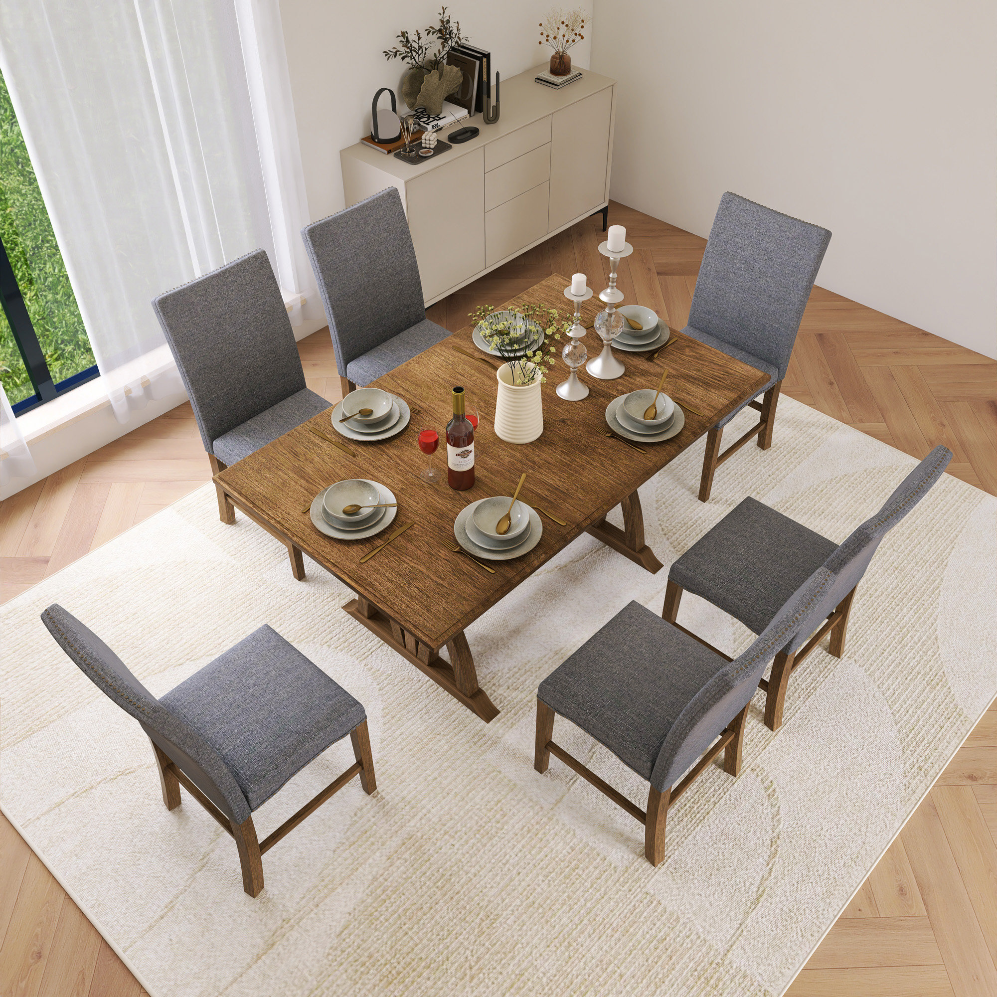 Red Barrel Studio 7-Piece Grey Wood Extendable Dining Table Set With ...