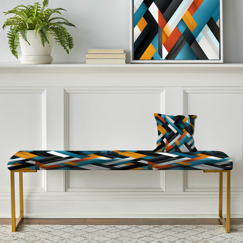 Blue Industrial Geometry Lines Melody - Geometric Upholstered Gold Bench