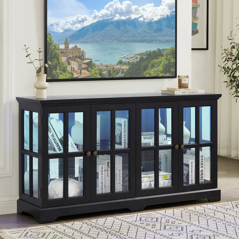Buffet de 59 po de largeur avec portes en verre, Noir
