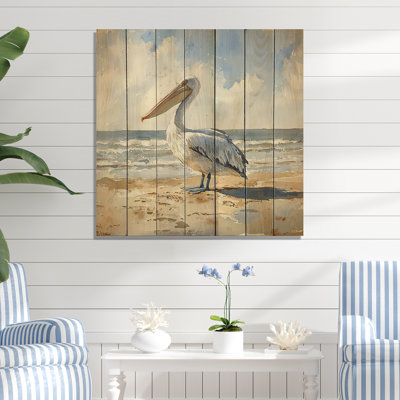 Soaring Solitude Pelican By The Sea III - Heron Animal Wood Wall Art - On Natural Pine Wood