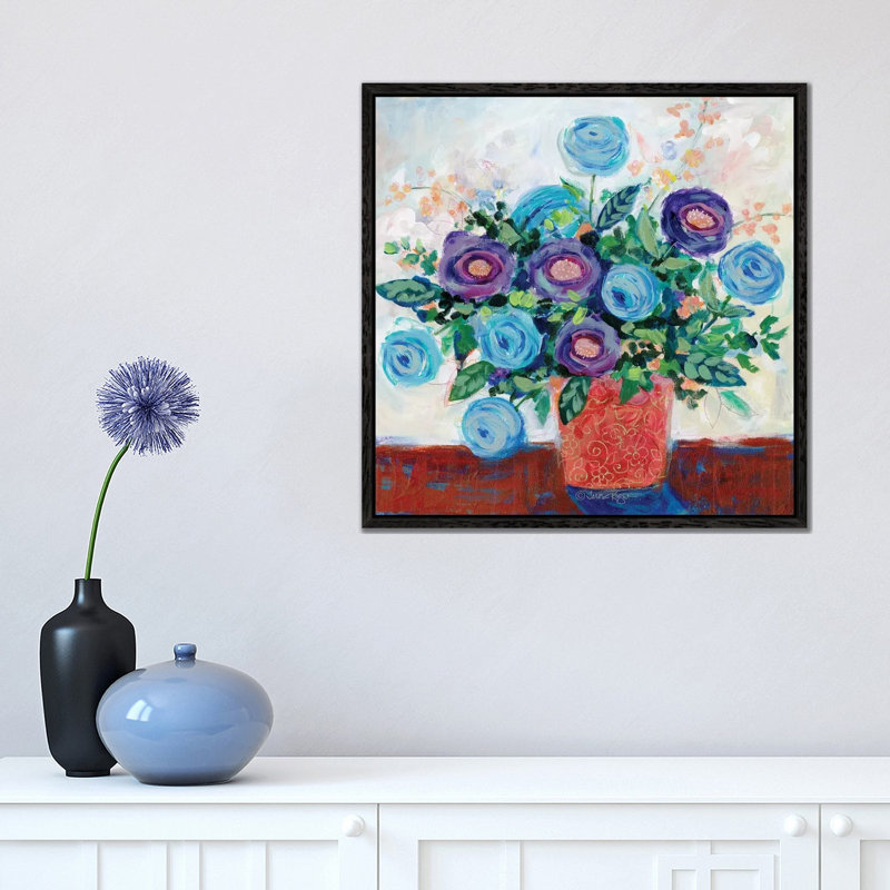 Floral XV by Teresa Kogut - Painting on Canvas, 45.72cm H x 45.72cm W x 3.81cm D, Black Floater Framed