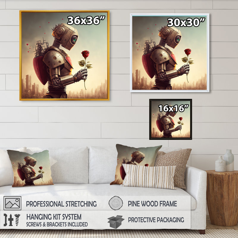 «Robot In Love At Valentines Day I», art mural traditionnel sur toile, L 36 po x H 36 po, Toile à cadre flottant doré