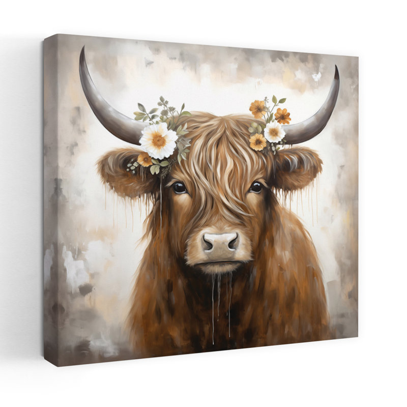 Art contemporain avec une vache Highland et des fleurs, H 32 po x l 32 po