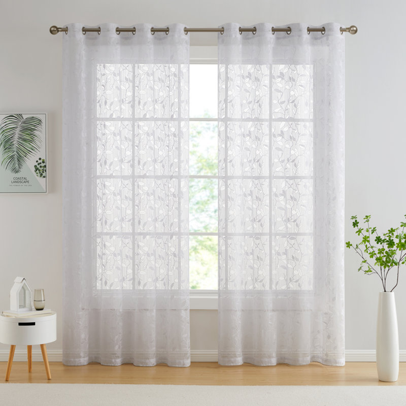 Floral Semi-Sheer Grommet Window Curtain Panels Set, 54" W x 84" L, White