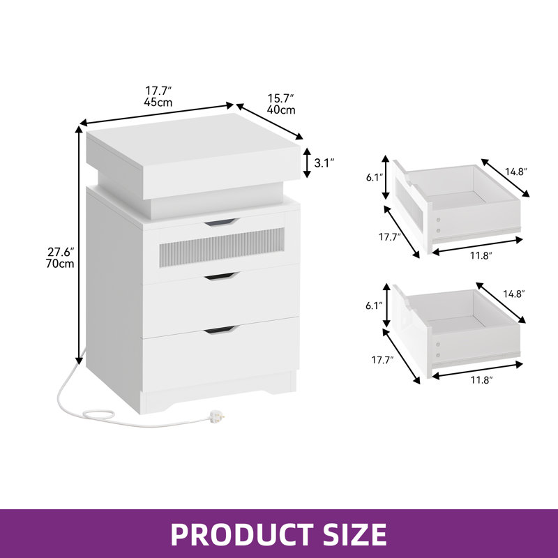 45 cm W 3 Drawers LED bedside table with charging station