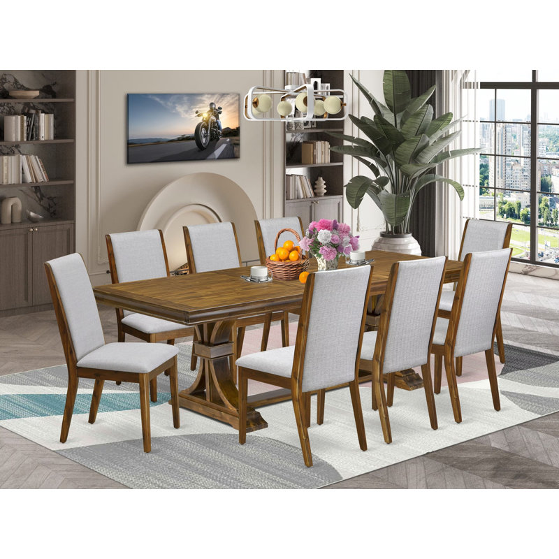 L'ensemble de table à manger 9 pièces comprend une table de cuisine rectangulaire et 8 chaises de salle à manger en tissu de lin gris, finition noyer antique