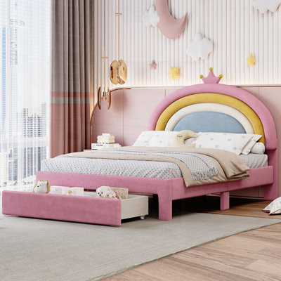 Upholstered Rainbow Design Bed with Storage Drawer, Velvet Princess Platform, No Box-spring Required