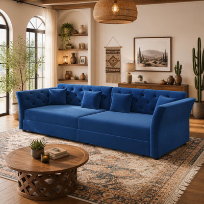 Canapé-lit gigogne surdimensionné, 4 places convertibles de 254 cm (100 pouces) avec capitonnage floral fait main, velours bleu, pour salon et chambre à coucher