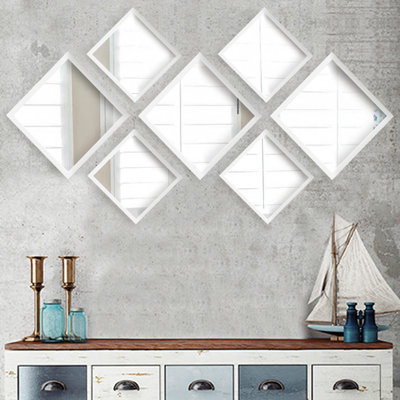 Elegant Mirror Set (6 Pieces), White & Silver, 9.4 x 9.4 inches (3 Pieces) & 13.4 x 13.4 inches (3 Pieces) | 100% Glass with Laminated Plastic Frame, 0.2-inch Thickness | Perfect for Home Decor & Stylish Reflections