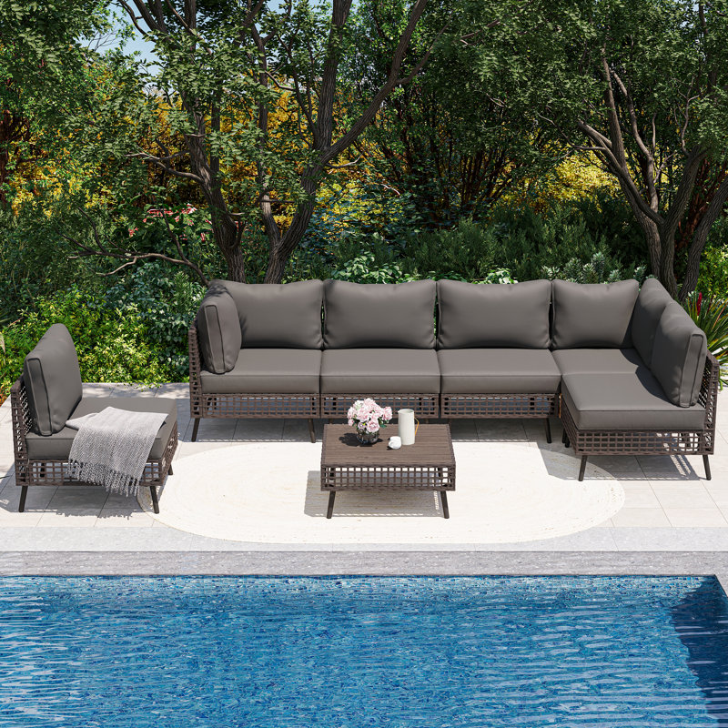 Coriena 6 - Person Premium Wicker Sectional Seating Group with Cushions and Coffee Table, Dark Gray/Gray