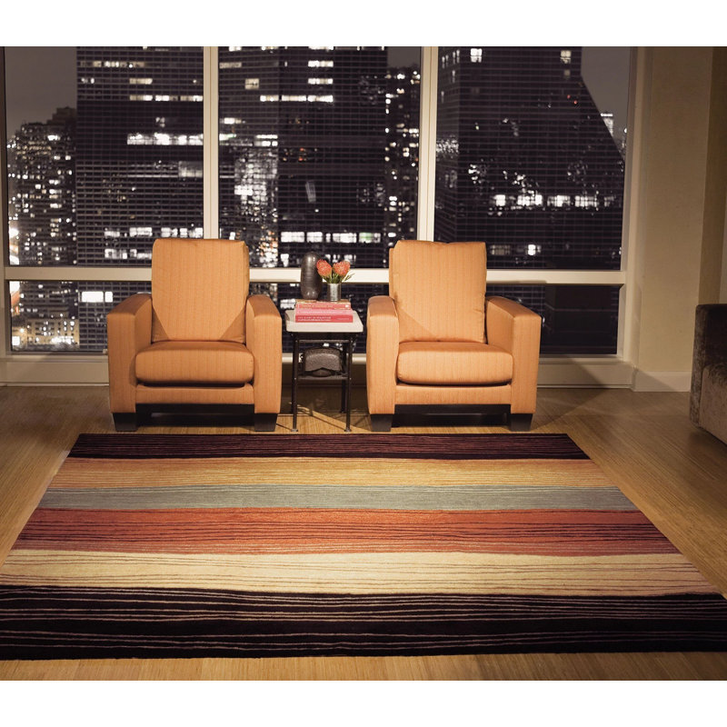 Wool Striped Area Rug in Black/Brown/Red, Rectangle 3' x 5'
