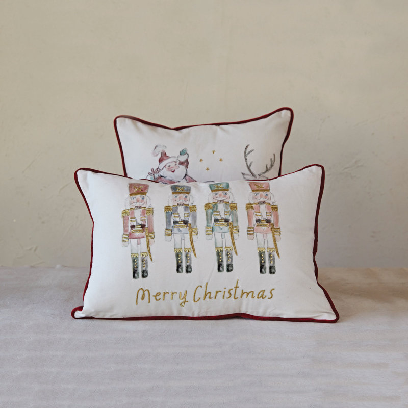Square Embroidered Cotton Throw Pillow in Beige and Red