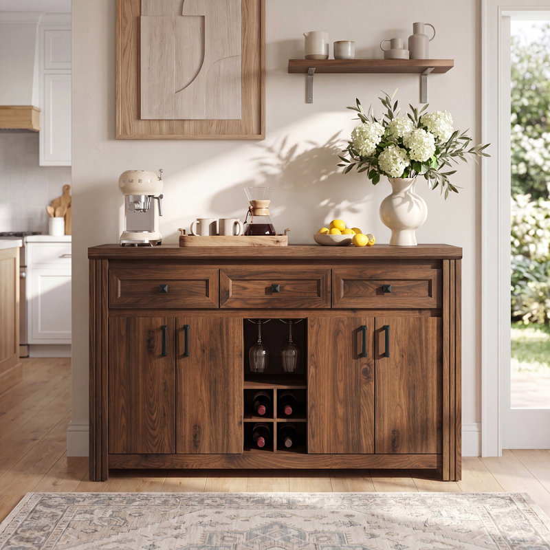 Buffet 55 po avec rangement, grande armoire de cuisine avec porte-bouteilles et porte-verres, table basse Farmhouse avec 4 portes et tiroirs pour la salle à manger, brun
