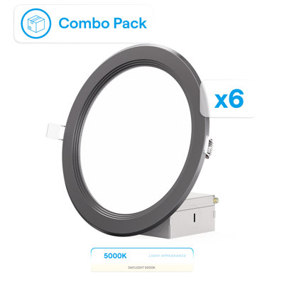 Infibrite 6 Inch Thin Recessed LED Ceiling Light Kit with Baffle Trim, Daylight 5000 Kelvin Light, Black Finish, 12 Watt, 1050 Lumens, Dimmable, Wet Rated, Set of 6