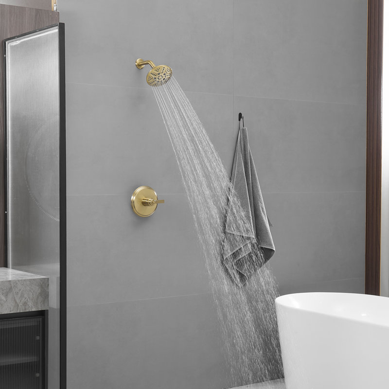 Ensemble de garniture de robinet de douche à une poignée et 6 jets avec valve et pomme de douche filtrée 1,8 GPM, Or brossé
