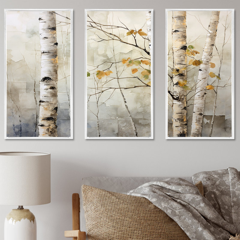 Beige argenté, bouleau, beauté I - ensemble d'art sur toile de bouleau, Cadre flottant blanc, H 32 po x l 48 po x P 1 po