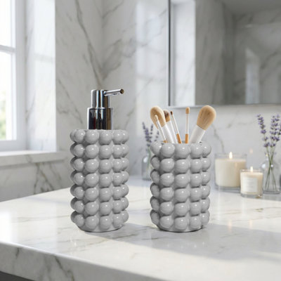 Bricen Bubble Textured 2-Piece Bathroom Accessories Set, Resin Soap Dispenser & Tumbler Cup for Bathroom Countertop, Gray