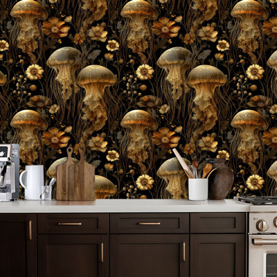 Peel and Stick Wallpaper Vintage Underwater Jellyfish Octopus Tentacles Botanical Elements Dark Contact Paper Removable Self Adhesive Wall Mural Wall Decor for Bedroom Kitchen Cabinets 24in x 118in