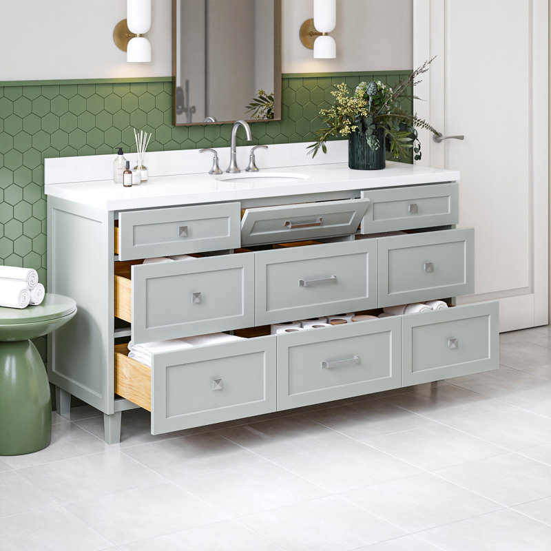 Ariel Monrow 67 Inch Single Oval Sink Bathroom Vanity With Pure White Quartz Countertop, Gray