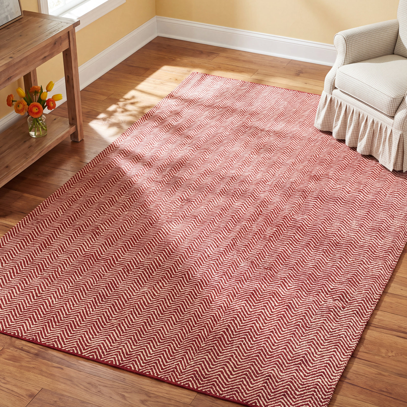Rita Red White Hand-Woven Wool Rug, Rectangle 8' x 10'