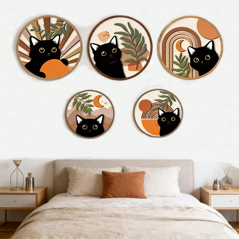 Boho Black Cat Wall Art Black Cat Room Decor Aesthetic, 5-Piece Farmhouse Geometric Wooden Cat Wall Decor Mid-Century Bohemian Moon Sun Design For Nursery, Bedroom Perfect Cat Lover Gifts
