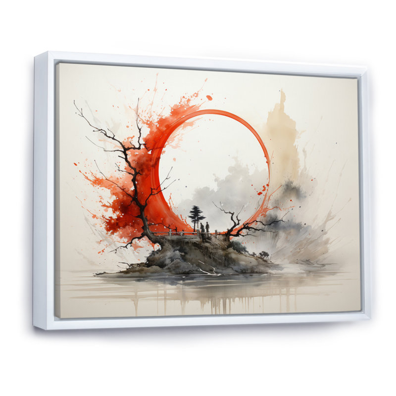 Rouge et gris, art bouddhiste Enso Lumières - art mural bouddhisme, H 24 po x l 32 po x P 1 po, Cadre flottant blanc