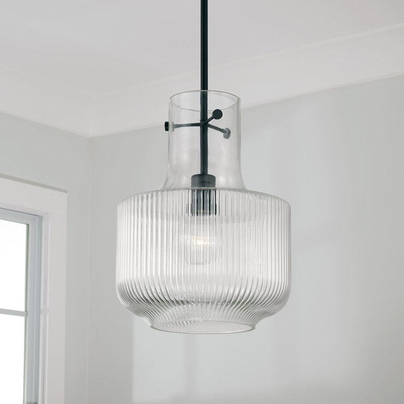 Luminaire suspendu 1 lumière avec verre cannelé transparent, Noir mat