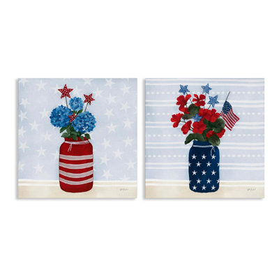 Americana Decor Red Blue Patriotic 16 x 16 inch Floral Jar Canvas Wall Décor Set of 2 for Independence Day
