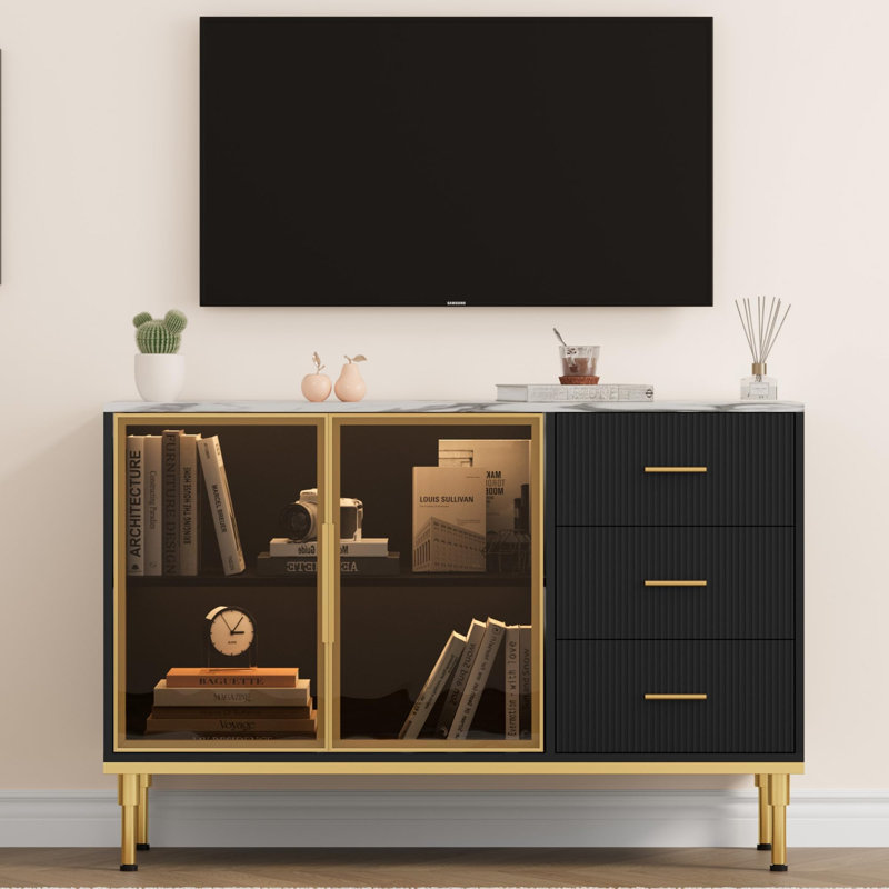 Buffet 46,4 "cannelé avec portes en verre, 3 tiroirs et plateau en faux marbre pour la salle à manger, Noir