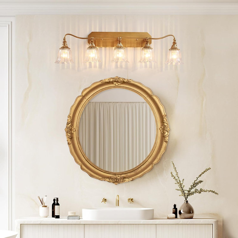 Luminaire de salle de bain 5 lumières or brossé, abat-jour en cristal