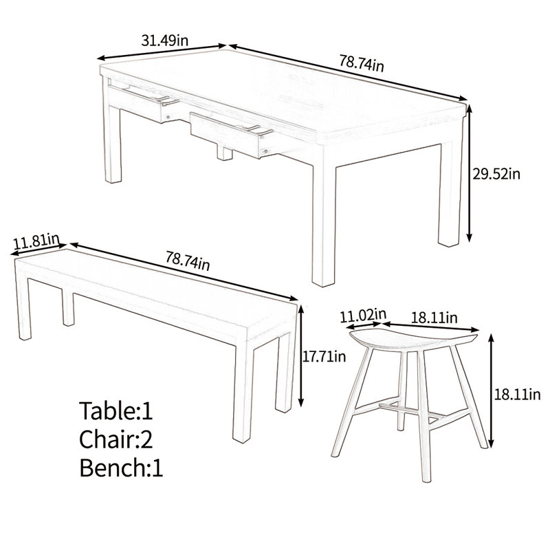 Solid wood multifunctional table set, 29.52"H x 78.74"L x 31.49"W