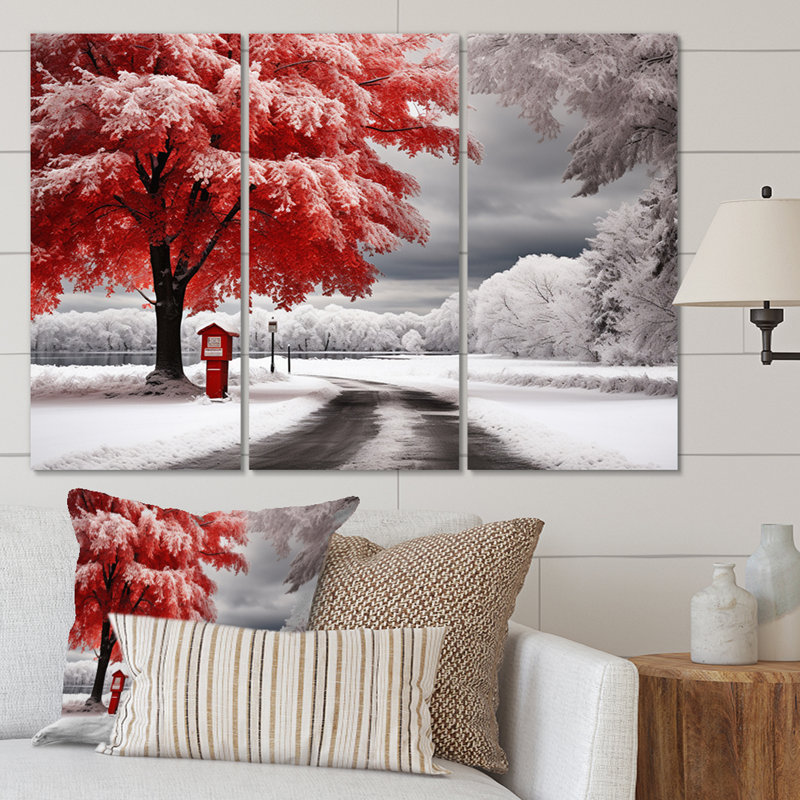 «Red and White Winter Silent Symphony I» sur toile, reproduction de 3 pièces, H 32 po x l 48 po x P 1 po