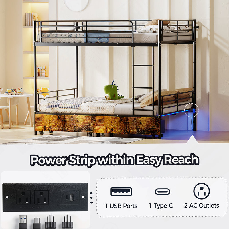 Bunk Bed With USB Charging Station, Able To Split, Kiriana Bunk Bed, Storage Space, Bed With Safety Guardrail & Ladders, No Box Spring Neededpink
