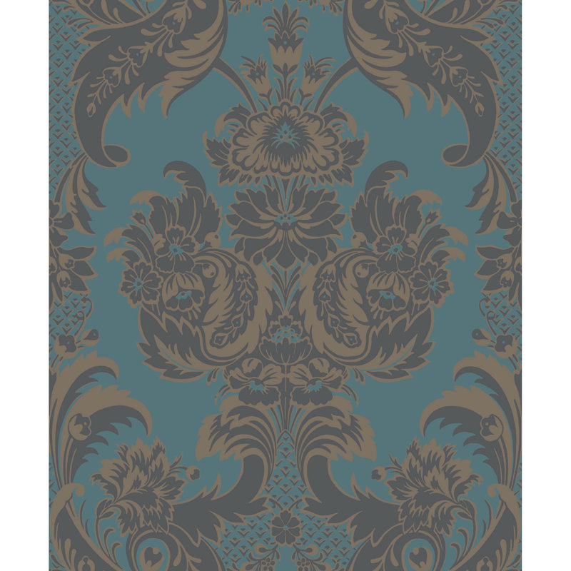 Albemarle Damask Wallpaper Roll, Teal/Charcoal