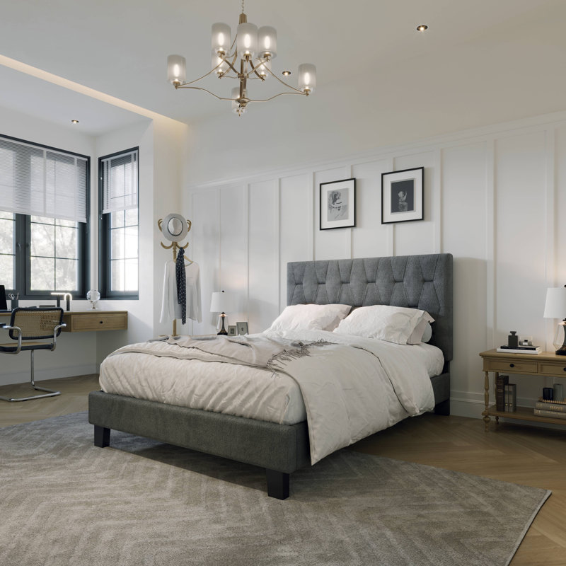 Lit plateforme tapissier en bois avec tête de lit Teddy, Gris, Grand lit