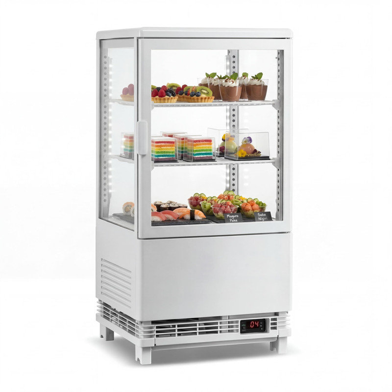 Comptoir de réfrigérateur à pâtisserie de 2,0 pieds cubes avec refroidissement par air, éclairage à DEL, portes en verre coulissantes arrière, tablettes réglables, système de dégivrage automatique
