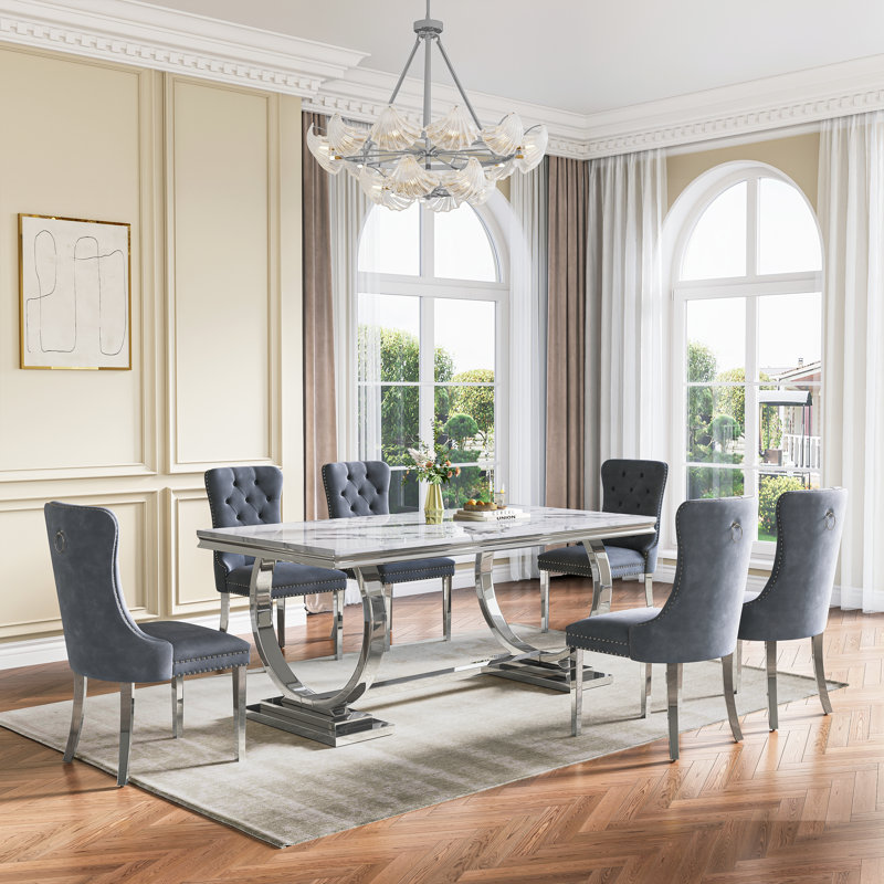 Rectangular 70.1"L X 35"W Dining Set, Gris/argent, Blanc / argenté, 7 pièces : table, 6 chaises