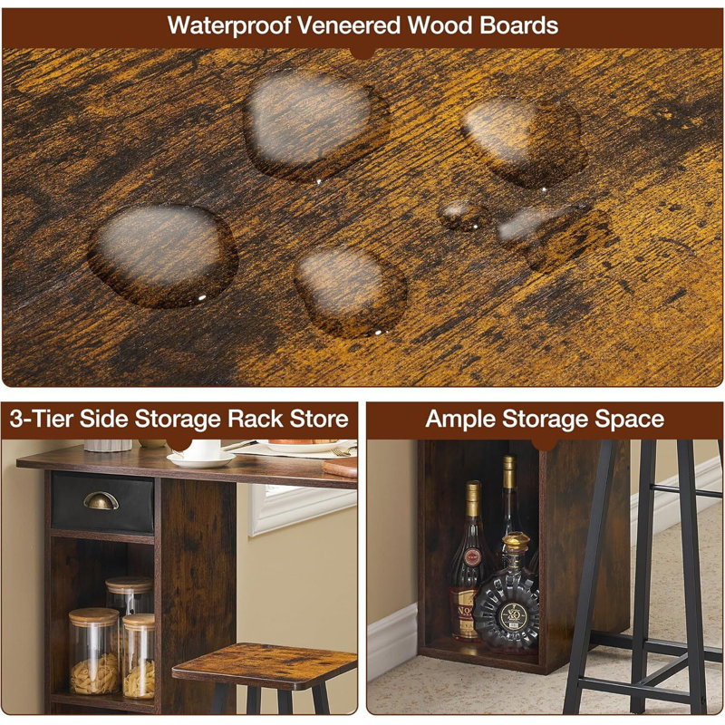3 Piece Bar Table Set, with 2-Layer Storage Shelf, Brown