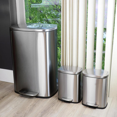 3 Piece Stainless Steel Step Trash Can Set – 13 Gallon Kitchen Trash Bin & 1.3 Gallon Bathroom Waste Cans, Soft Close Lid, Hands-free Pedal, Removable Inner Buckets, Matte Silver